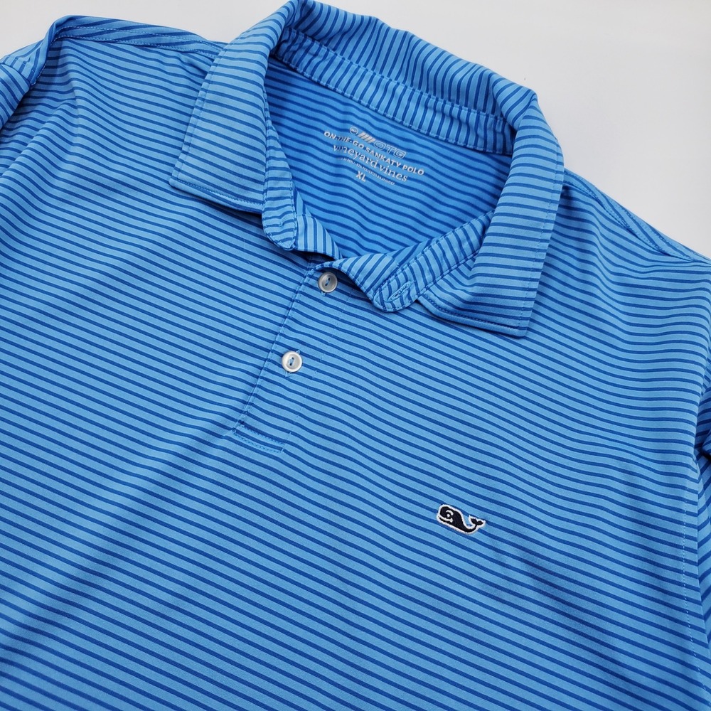 Vineyard Vines Mens XL On-The-Go Sankaty Polo Blue Striped S/S  Shirt Flaw